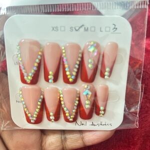 Red and Nude Rhinestone Nail Set